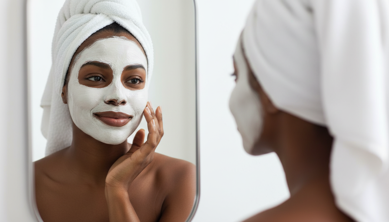 Two people applying face masks with a white background