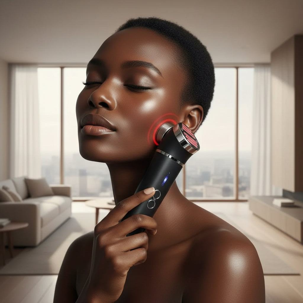 Black handheld device with a close-up inset showing red light on skin, on a white background.