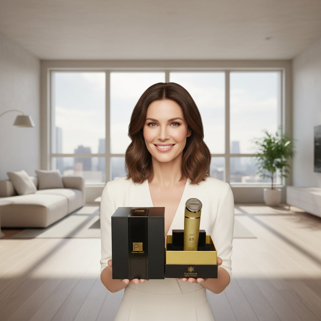 Gold microphone in a black and gold box with Platinium De Luxe branding.