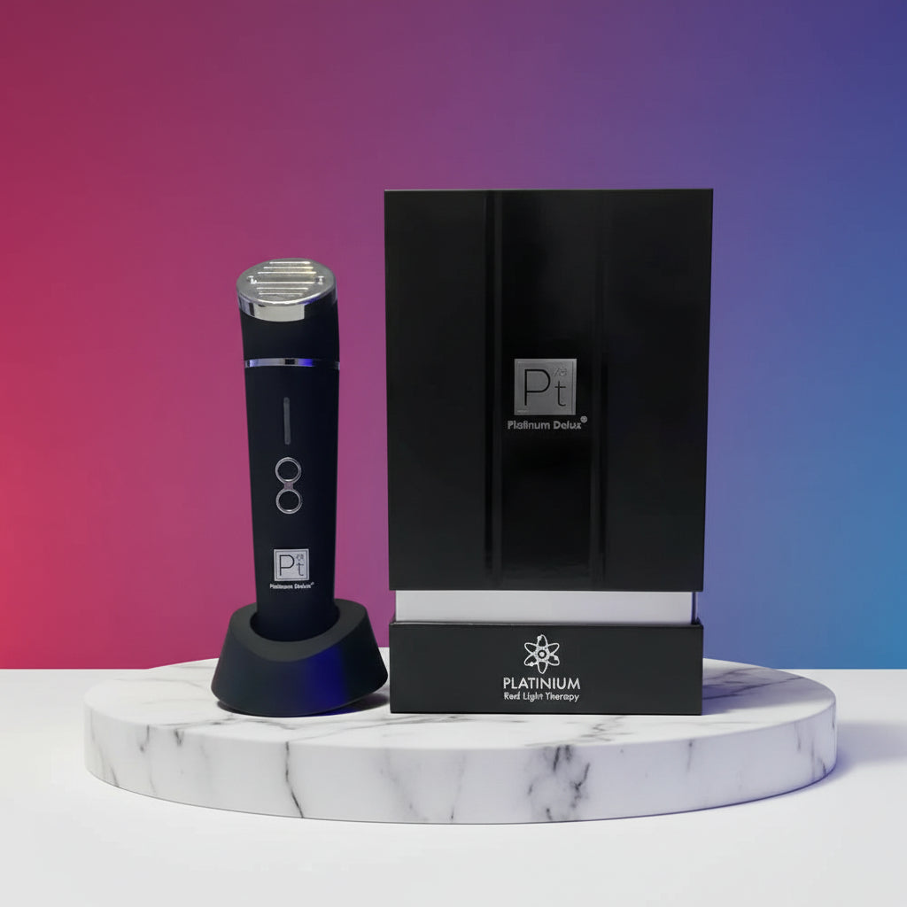 Black electronic device with 'Platinum Deluxe' branding next to a black box also featuring the brand.