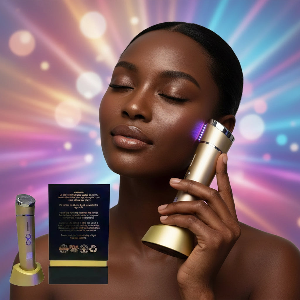 Gold electronic device with warning label on a white background