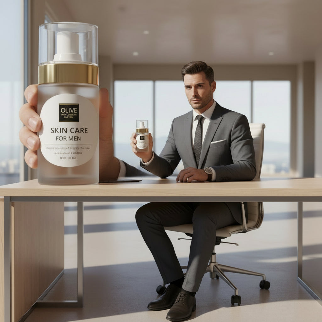 Skincare bottle with white cap and gold accents on a white background