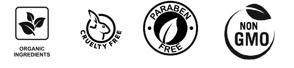 Set of four black and white icons representing organic ingredients, cruelty-free, paraben-free, and non-GMO products.