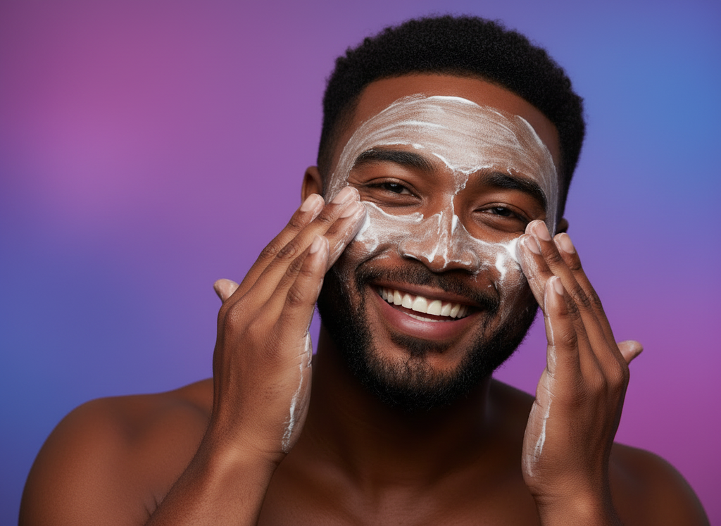Man applying a white cream or foam to his face with a neutral background